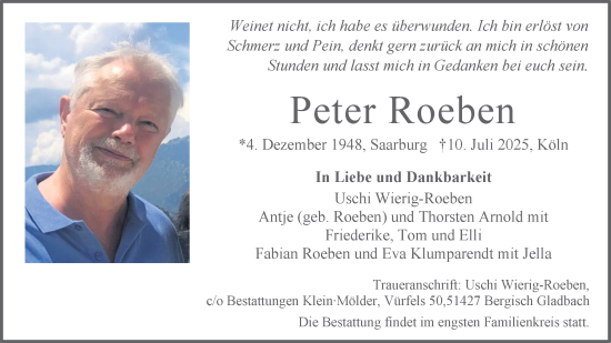 Anzeige von Peter Roeben von Kölner Stadt-Anzeiger / Kölnische Rundschau / Express