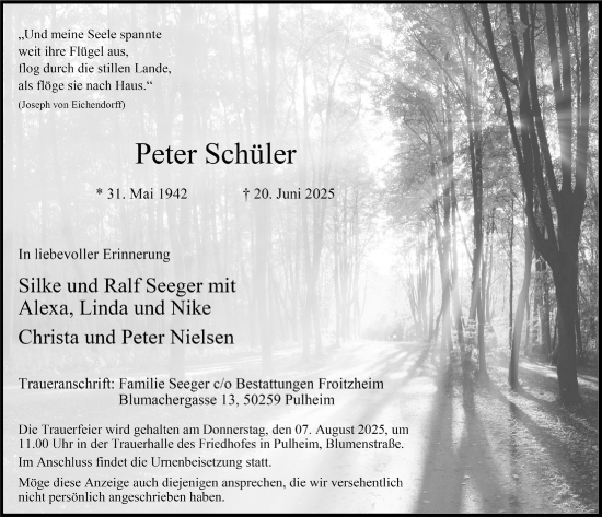 Anzeige von Peter Schüler von  Wochenende 