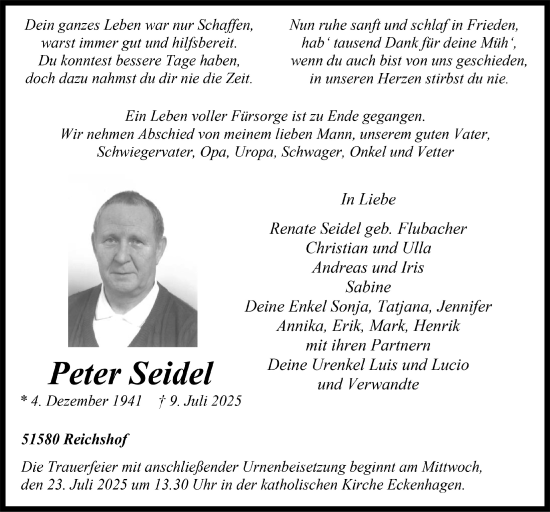 Anzeige von Peter Seidel von  Anzeigen Echo 