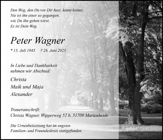 Anzeige von Peter Wagner von  Anzeigen Echo 