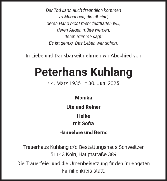 Anzeige von Peterhans Kuhlang von  EXPRESS - Die Woche 