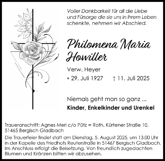 Anzeige von Philomena Maria Howiller von  Bergisches Handelsblatt 