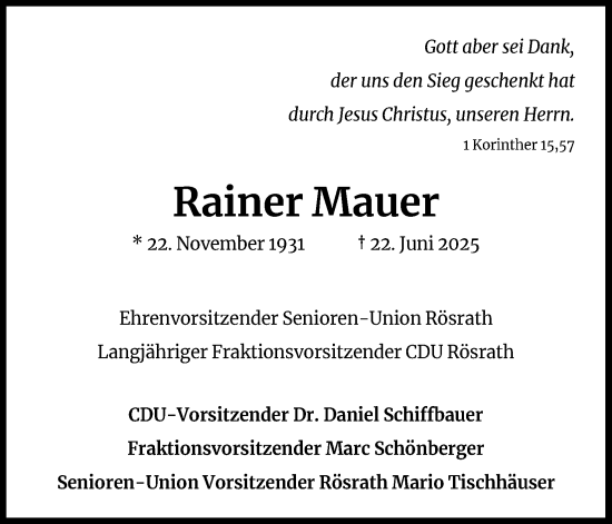 Anzeige von Rainer Mauer von Kölner Stadt-Anzeiger / Kölnische Rundschau / Express