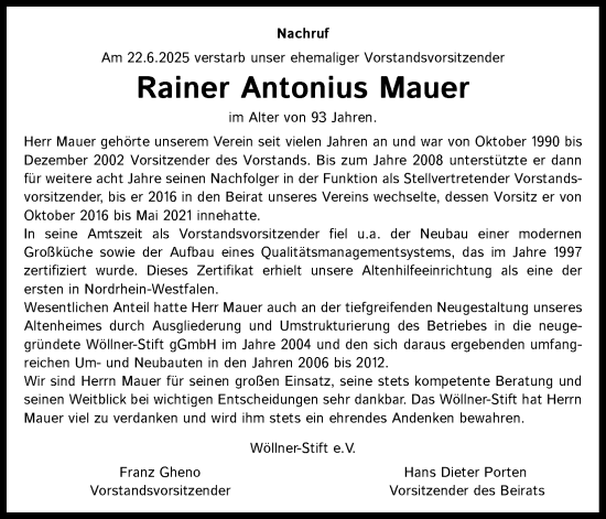 Anzeige von Rainer Antonius Mauer von Kölner Stadt-Anzeiger / Kölnische Rundschau / Express