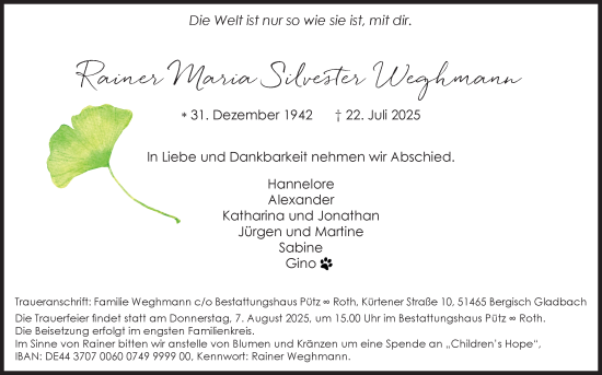 Anzeige von Rainer Maria Silvester Weghmann von Kölner Stadt-Anzeiger / Kölnische Rundschau / Express