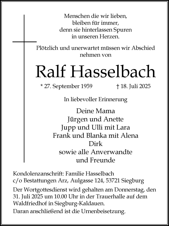 Anzeige von Ralf Hasselbach von Kölner Stadt-Anzeiger / Kölnische Rundschau / Express