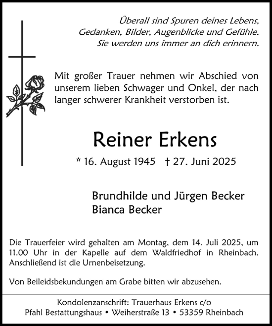 Anzeige von Reiner Erkens von  Schaufenster/Blickpunkt 