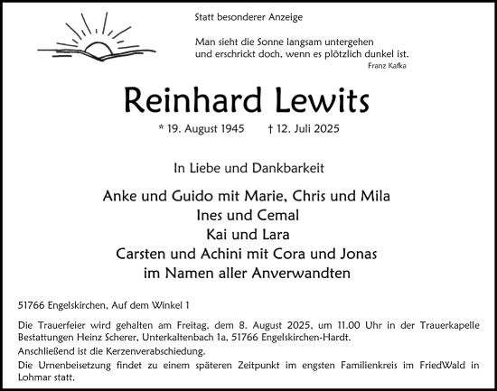 Anzeige von Reinhard Lewits von  Anzeigen Echo 