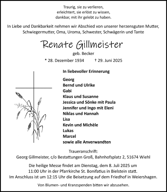 Anzeige von Renate Gillmeister von  Anzeigen Echo  Lokalanzeiger 