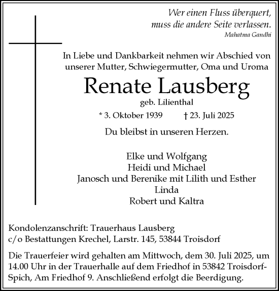 Anzeige von Renate Lausberg von Kölner Stadt-Anzeiger / Kölnische Rundschau / Express
