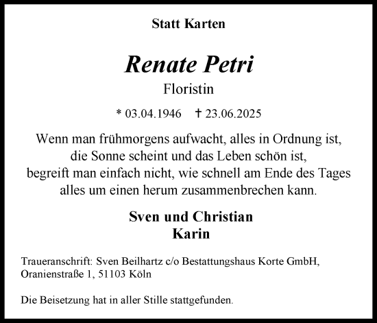 Anzeige von Renate Petri von Kölner Stadt-Anzeiger / Kölnische Rundschau / Express