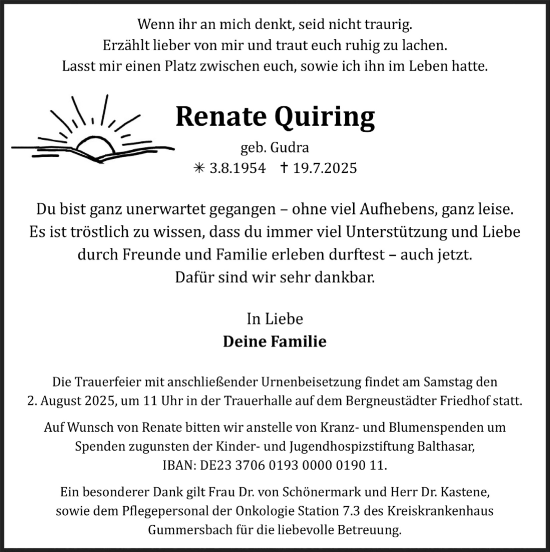 Anzeige von Renate Quiring von  Anzeigen Echo 