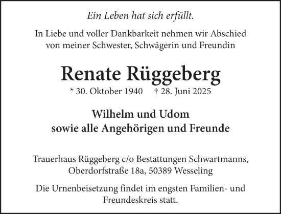 Anzeige von Renate Rüggeberg von  Schlossbote/Werbekurier 