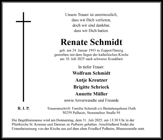 Anzeige von Renate Schmidt von  Wochenende 