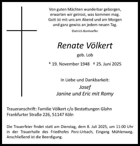 Anzeige von Renate Völkert von Kölner Stadt-Anzeiger / Kölnische Rundschau / Express