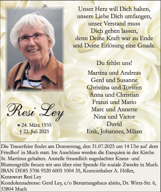 Anzeige von Resi Ley von Kölner Stadt-Anzeiger / Kölnische Rundschau / Express