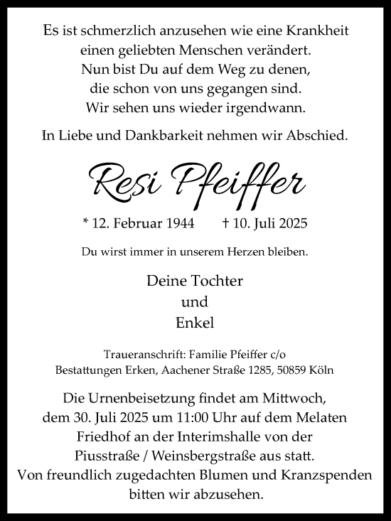 Anzeige von Resi Pfeiffer von Kölner Stadt-Anzeiger / Kölnische Rundschau / Express