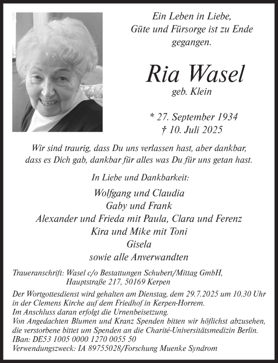 Anzeige von Ria Wasel von  Werbepost 