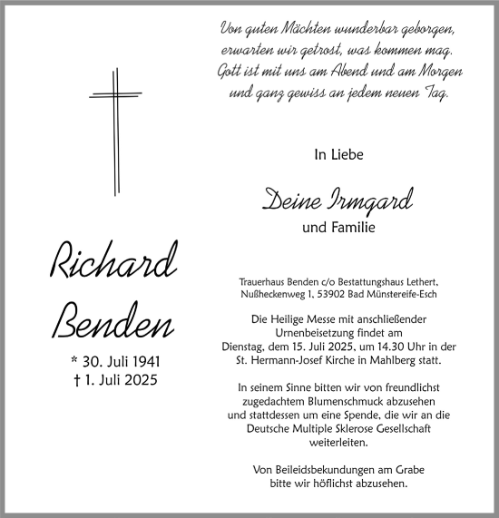 Anzeige von Richard Benden von  Blickpunkt Euskirchen 
