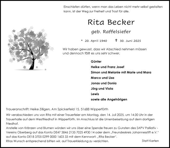 Anzeige von Rita Becker von Kölner Stadt-Anzeiger / Kölnische Rundschau / Express