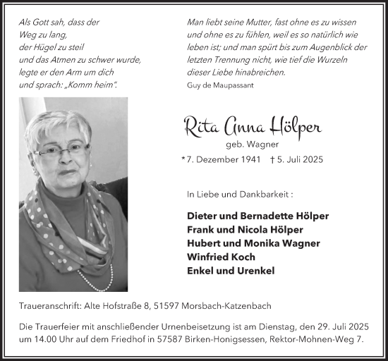 Anzeige von Rita Anna Hölper von  Lokalanzeiger 