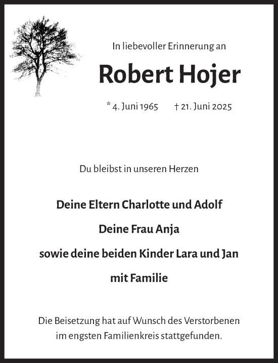 Anzeige von Robert Hojer von  Wochenende 