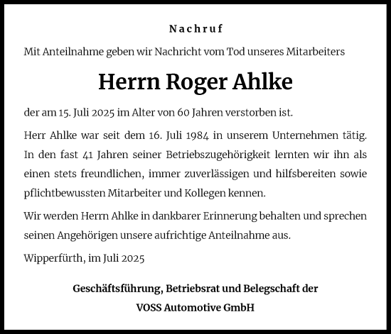 Anzeige von Roger Ahlke von Kölner Stadt-Anzeiger / Kölnische Rundschau / Express