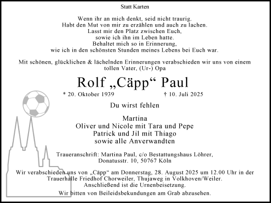 Anzeige von Rolf Paul von Kölner Stadt-Anzeiger / Kölnische Rundschau / Express