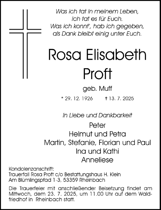 Anzeige von Rosa Elisabeth Proft von  Schaufenster/Blickpunkt 
