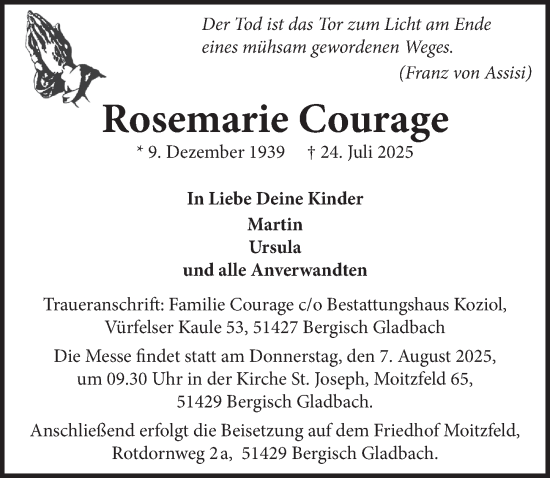 Anzeige von Rosemarie Courage von  Bergisches Handelsblatt 