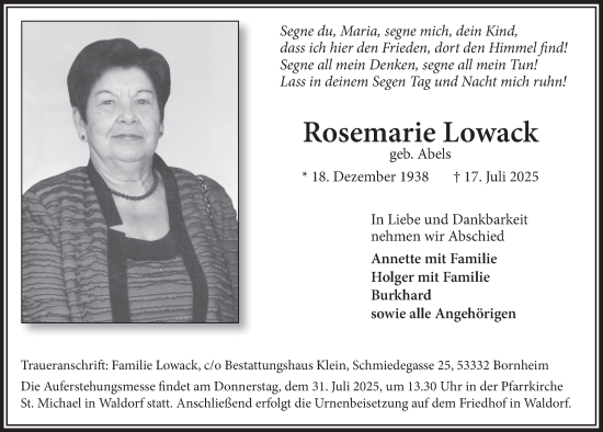 Anzeige von Rosemarie Lowack von  Schaufenster/Blickpunkt 