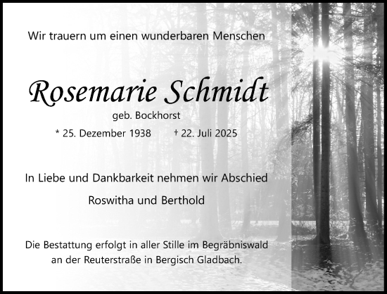 Anzeige von Rosemarie Schmidt von Kölner Stadt-Anzeiger / Kölnische Rundschau / Express