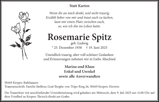 Anzeige von Rosemarie Spitz von  Werbepost 