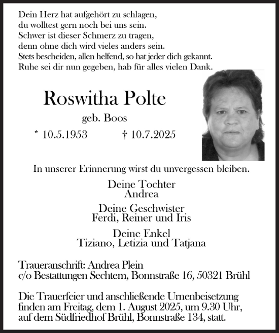 Anzeige von Roswitha Polte von  Schlossbote/Werbekurier 