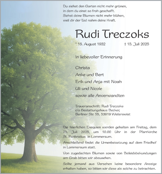 Anzeige von Rudi Treczoks von  Blickpunkt Euskirchen 