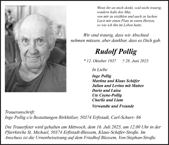 Anzeige von Rudolf Pollig von  Werbepost 