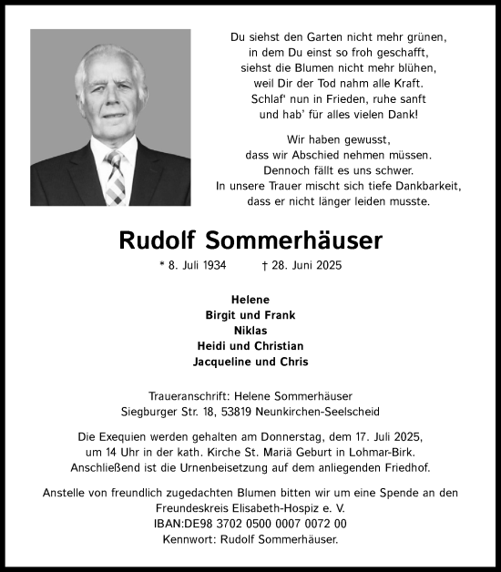 Anzeige von Rudolf Sommerhäuser von Kölner Stadt-Anzeiger / Kölnische Rundschau / Express