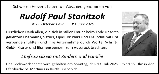 Anzeige von Rudolf Paul Stanitzok von  Wochenende 