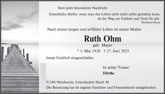 Anzeige von Ruth Ohm von  Lokalanzeiger 