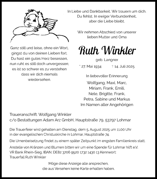 Anzeige von Ruth Winkler von Kölner Stadt-Anzeiger / Kölnische Rundschau / Express