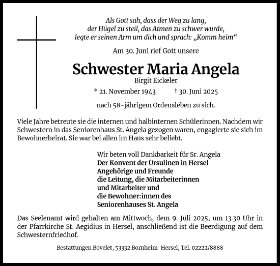 Anzeige von Schwester Maria Angela  von Kölner Stadt-Anzeiger / Kölnische Rundschau / Express