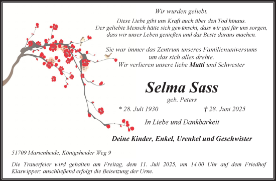 Anzeige von Selma Sass von Kölner Stadt-Anzeiger / Kölnische Rundschau / Express
