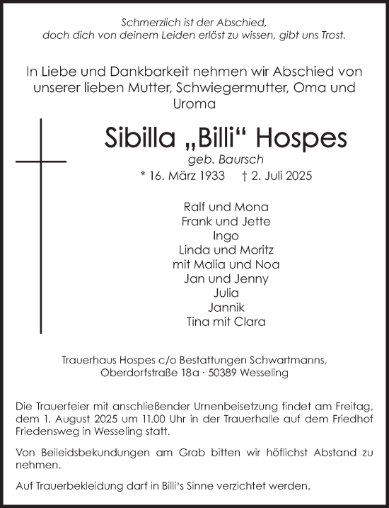 Anzeige von Sibilla Hospes von  Schlossbote/Werbekurier 