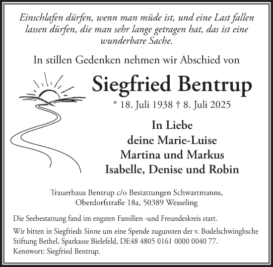 Anzeige von Siegfried Bentrup von  Schlossbote/Werbekurier 