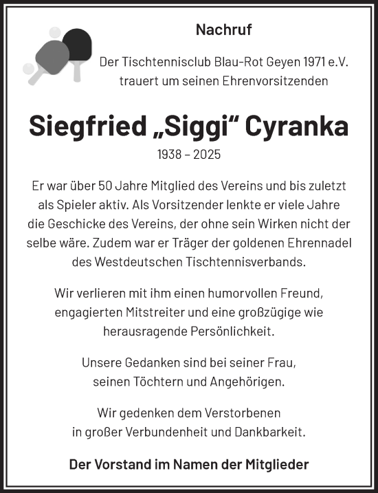 Anzeige von Siegfried Cyranka von  Wochenende 