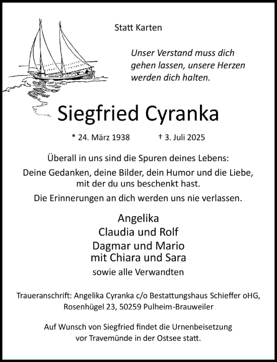 Anzeige von Siegfried Cyranka von  Wochenende 