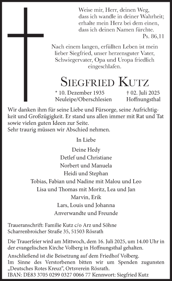 Anzeige von Siegfried Kutz von  Bergisches Handelsblatt 