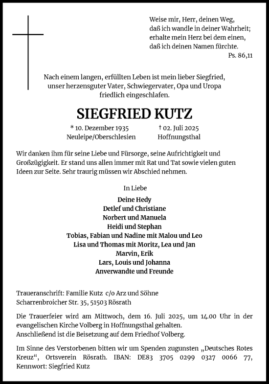 Anzeige von Siegfried Kutz von Kölner Stadt-Anzeiger / Kölnische Rundschau / Express