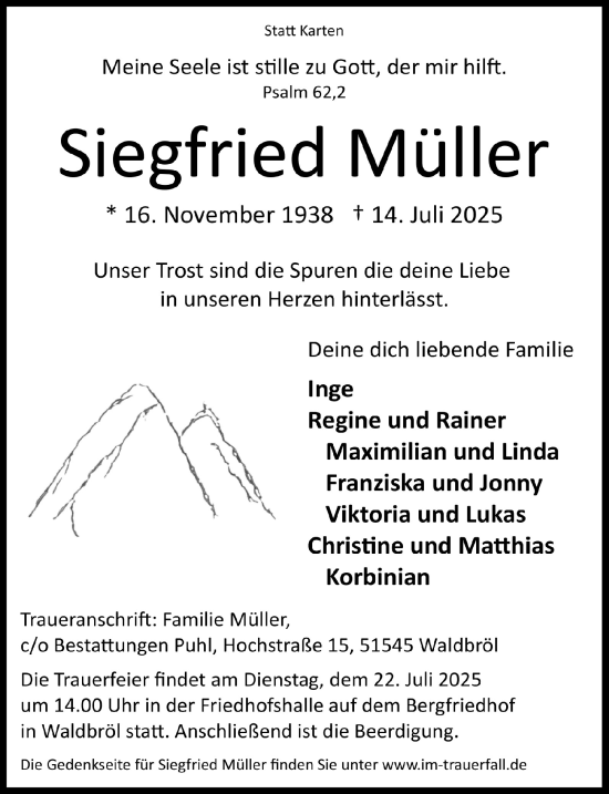 Anzeige von Siegfried Müller von  Lokalanzeiger 