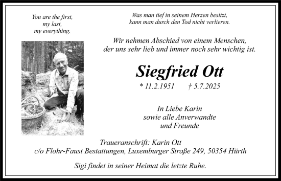 Anzeige von Siegfried Ott von  Wochenende 